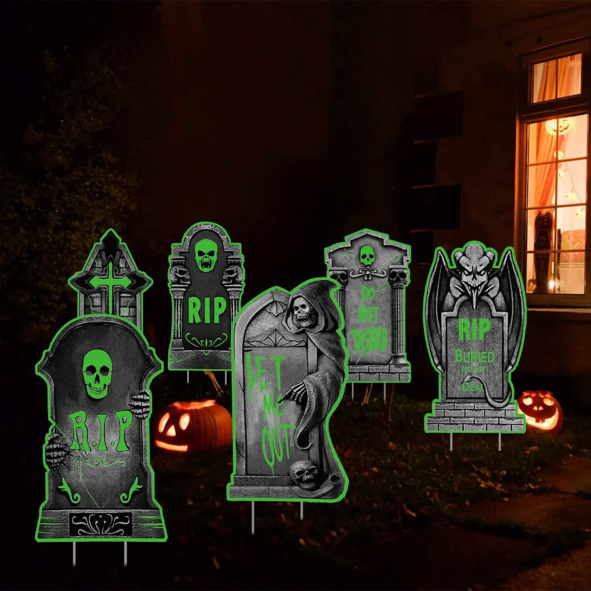 6-Pieces: Glow in the Dark Halloween Yard Sign Decorations with 12 Stakes 13