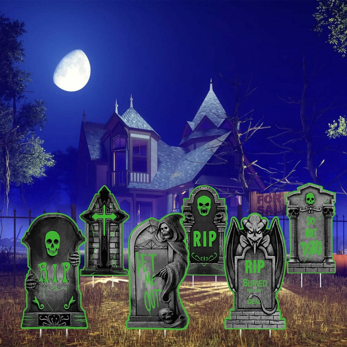 6-Pieces: Glow in the Dark Halloween Yard Sign Decorations with 12 Stakes 12