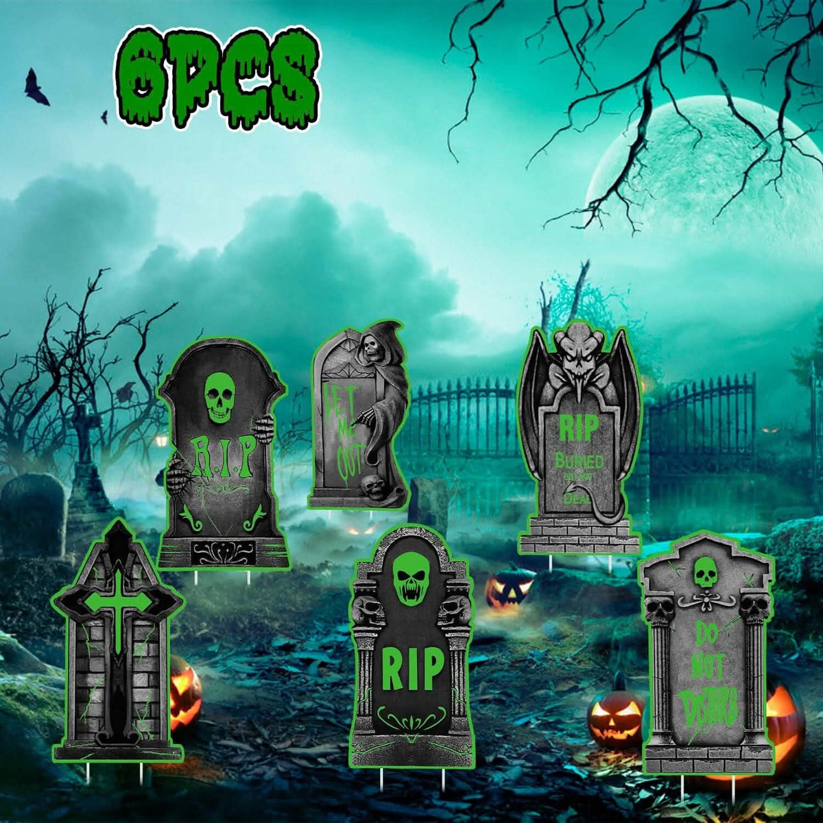 6-Pieces: Glow in the Dark Halloween Yard Sign Decorations with 12 Stakes 10