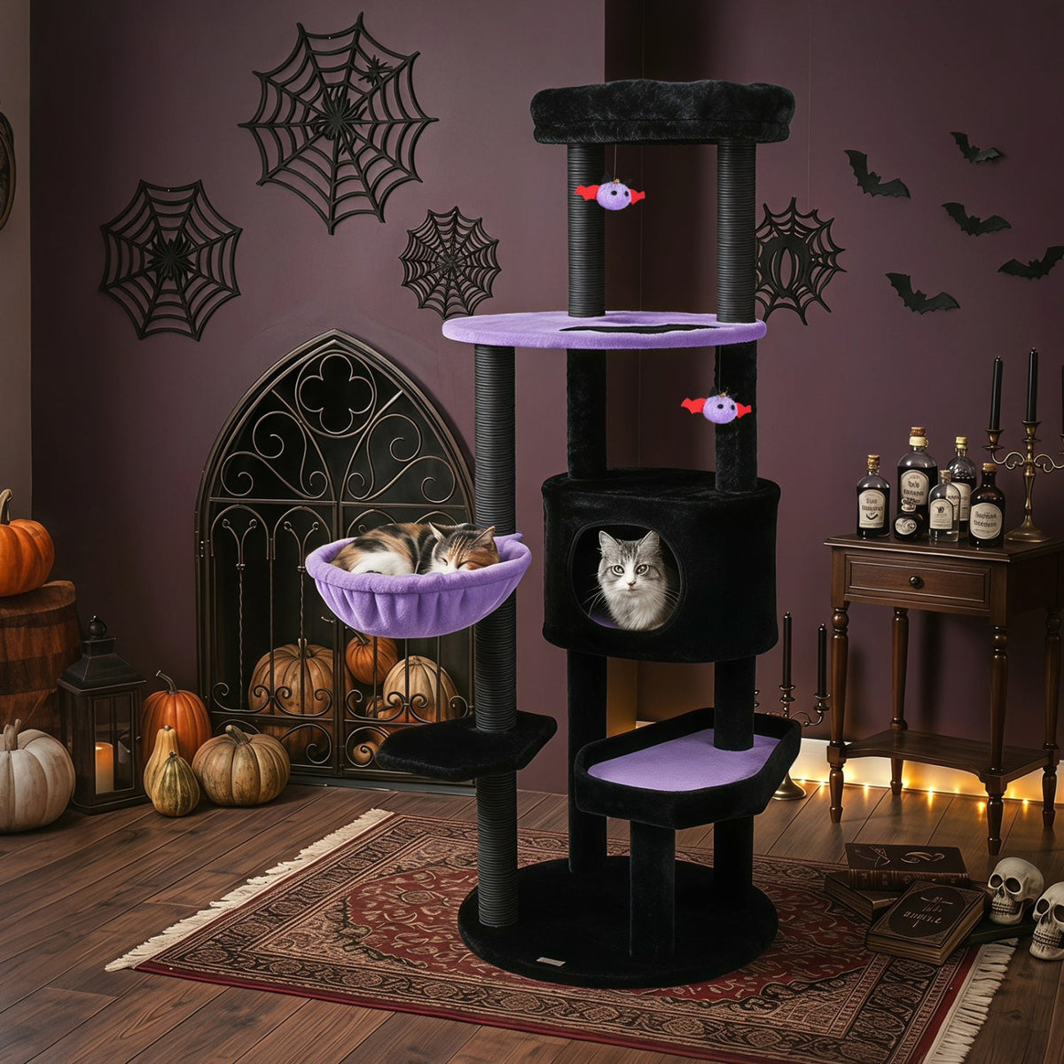 60" Gothic Cat Tower with Plush Perch and Hanging Toys 1