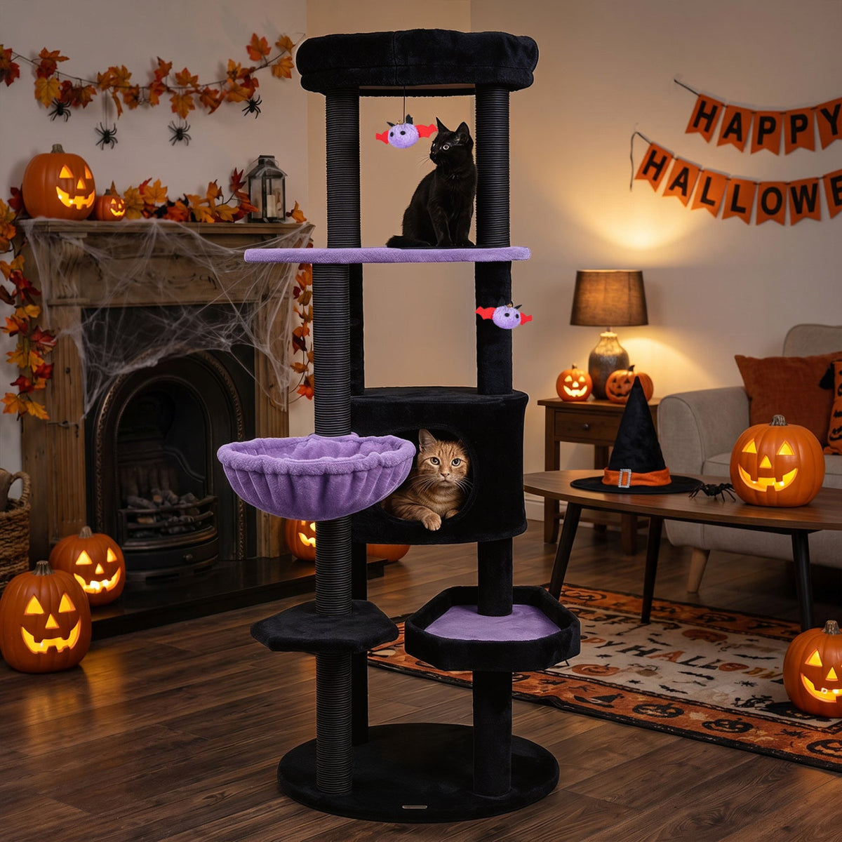 60" Gothic Cat Tower with Plush Perch and Hanging Toys 2