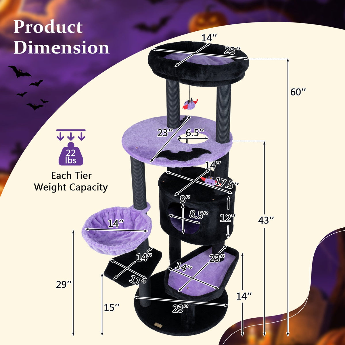 60" Gothic Cat Tower with Plush Perch and Hanging Toys 5