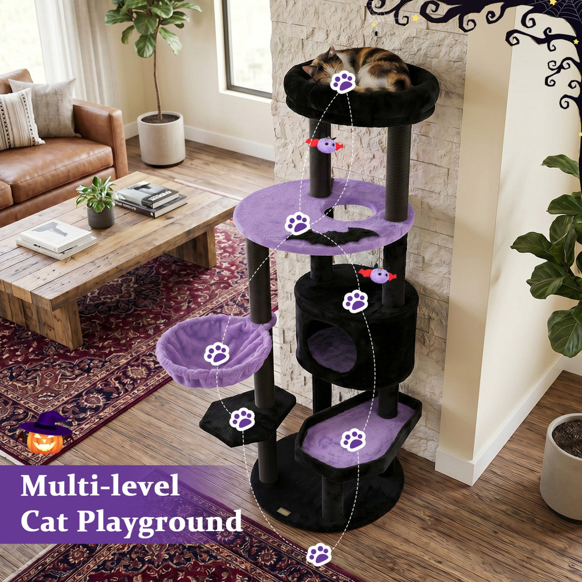 60" Gothic Cat Tower with Plush Perch and Hanging Toys 7