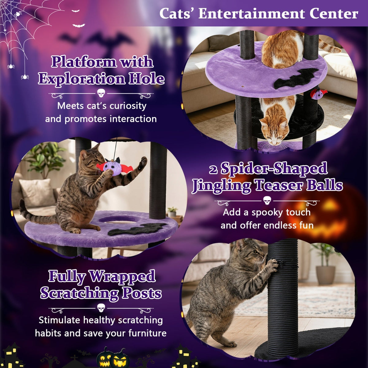 60" Gothic Cat Tower with Plush Perch and Hanging Toys 8