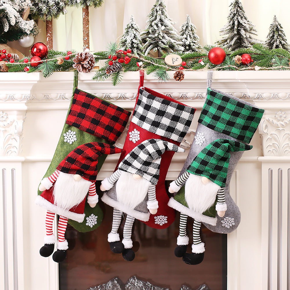 Christmas Day Decoration Red Black White Grid Faceless Forester Christmas Socks Dwarf Hanging Doll Candy Gift Bag 1