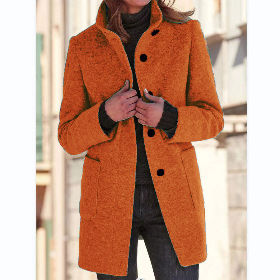 Fashion Stand Collar Woolen Coat With Pockets Fall Winter Casual Button Outwear For Women Clothing 9