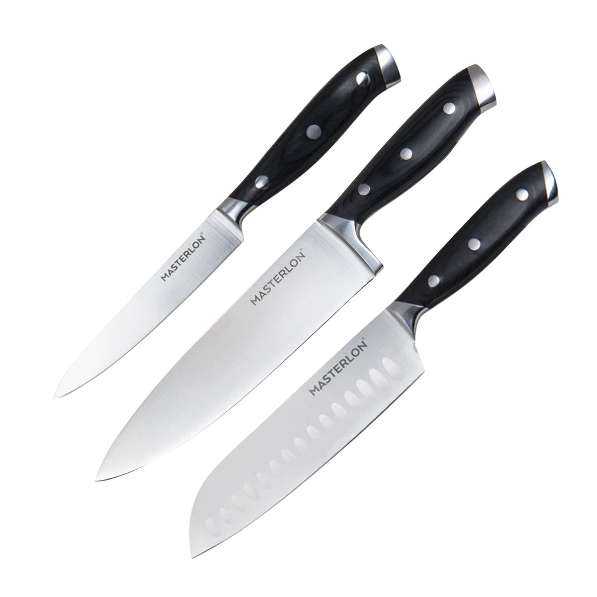 MASTERPAN Essential Chef’s Knife Bundle - 8" Chef’s Knife, 8" Slicer Knife & 7" Santoku Knife - Stainless Steel Blades with Protective Covers 1