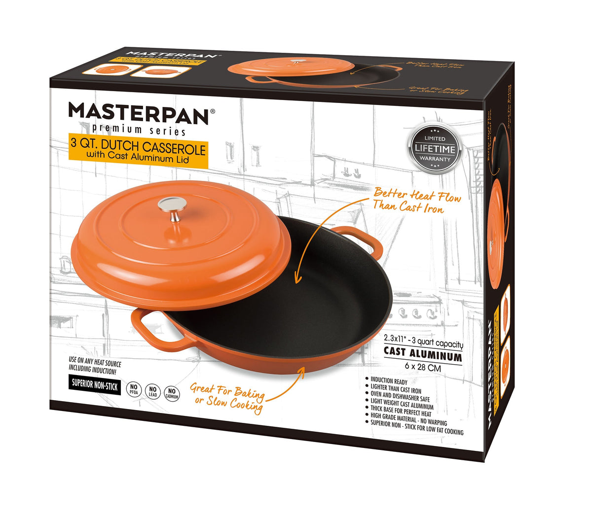 MASTERPAN Nonstick Dutch Casserole, Orange 3 Qt. 11" (28cm) 8