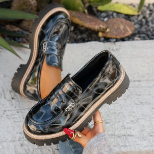 New Autumn Leather Belt-Buckle Patent Leather Leopard-Print Vintage Womens Shoes 6