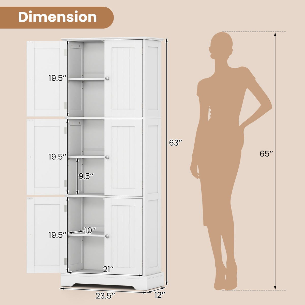 63-Inch Tall Bathroom Storage Cabinet with 6 Doors 5