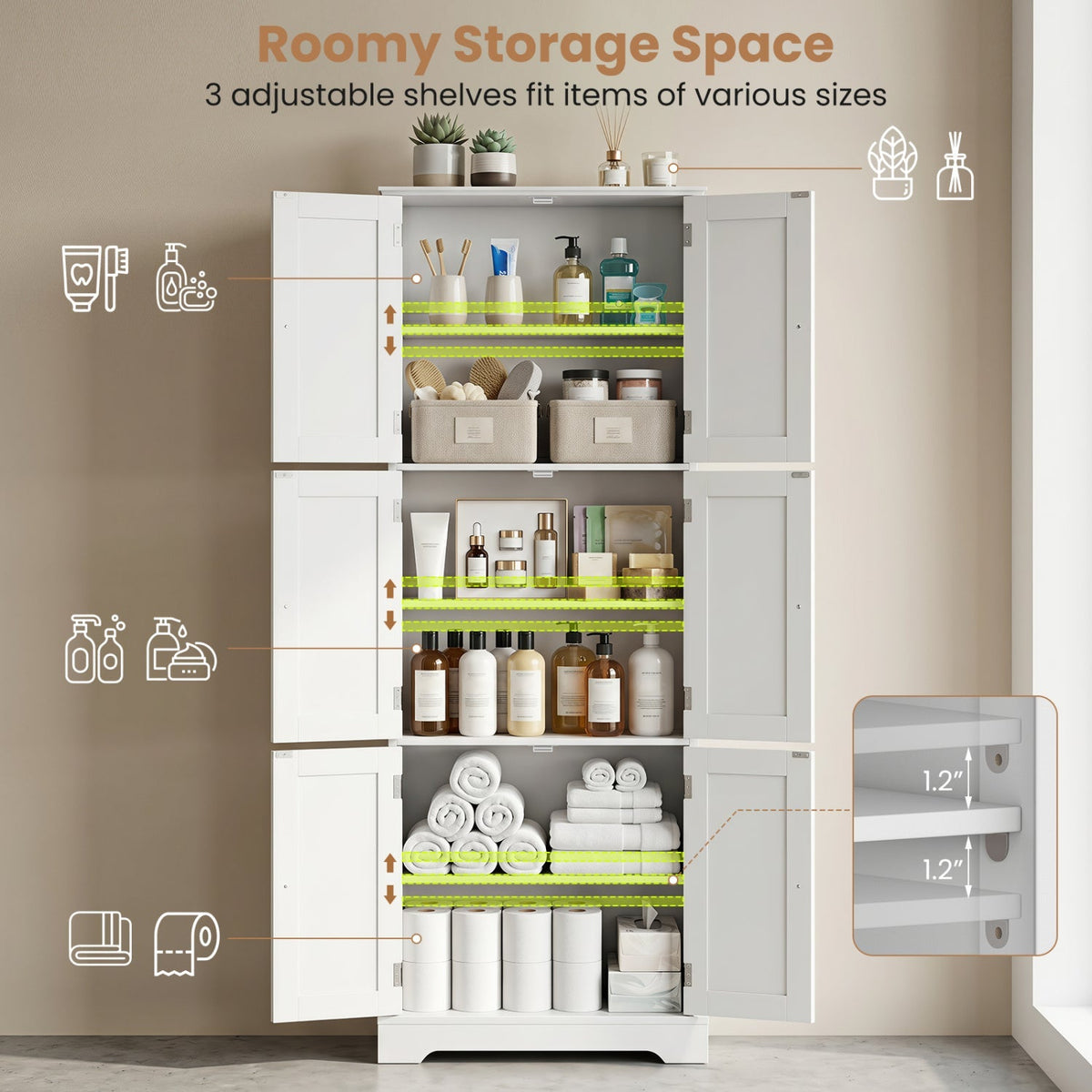 63-Inch Tall Bathroom Storage Cabinet with 6 Doors 8