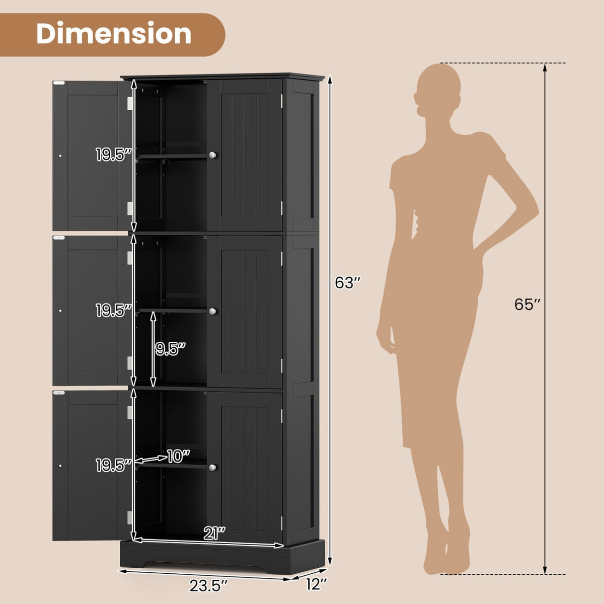 63-Inch Tall Bathroom Storage Cabinet with 6 Doors 13
