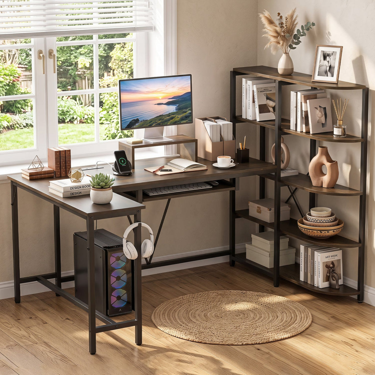 63" U-Shaped Computer Desk with Power Outlets & Bookshelf 1