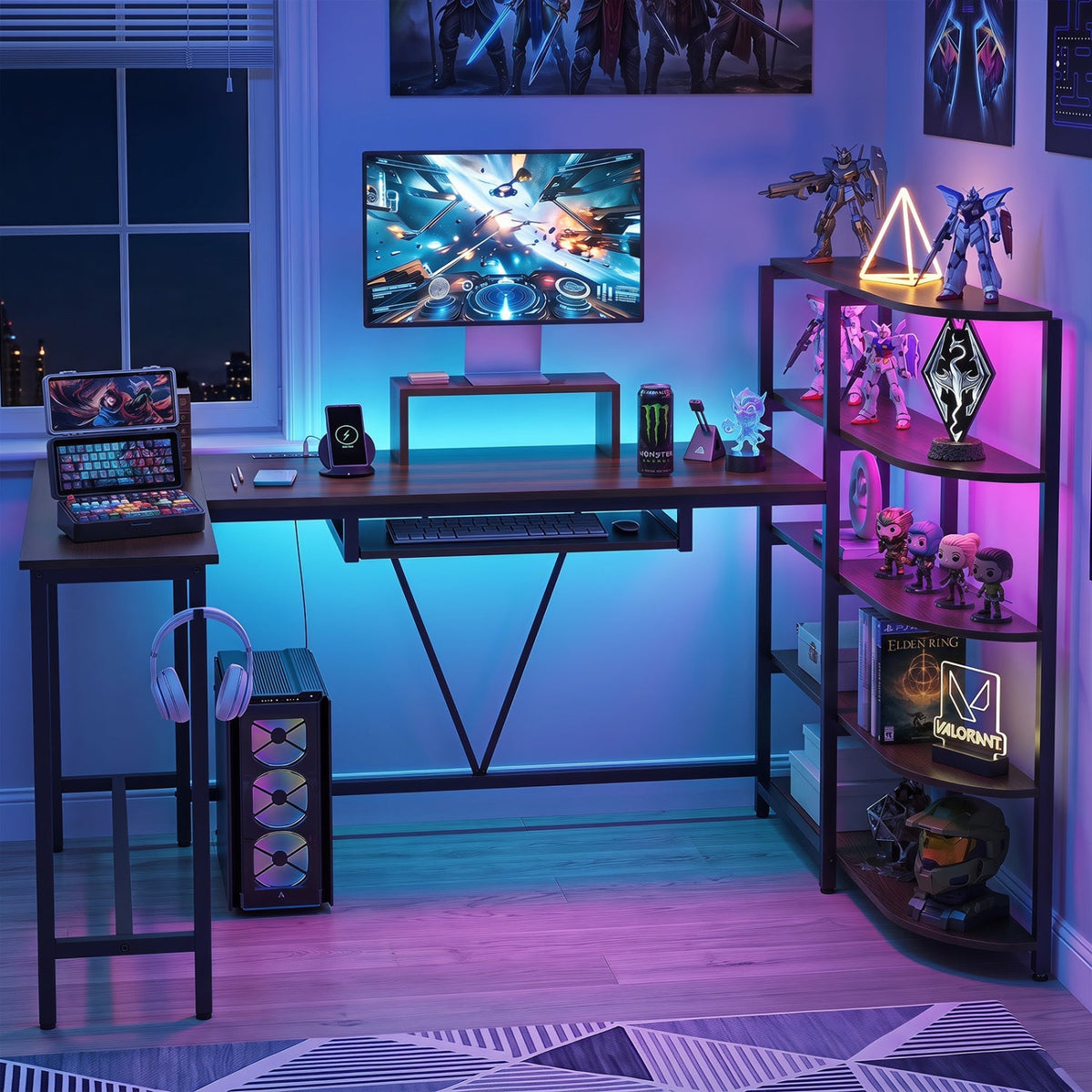 63" U-Shaped Computer Desk with Power Outlets & Bookshelf 2
