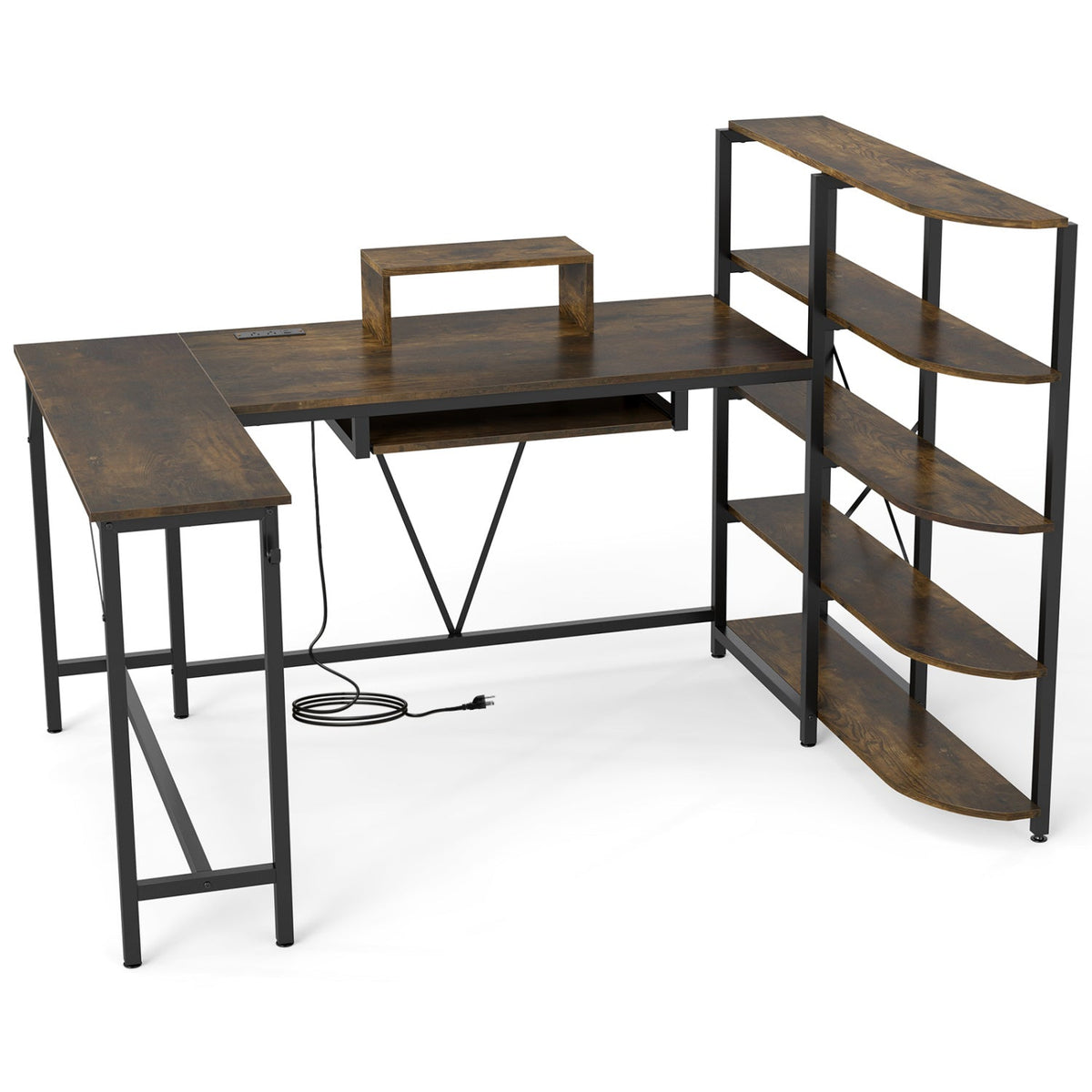 63" U-Shaped Computer Desk with Power Outlets & Bookshelf 3