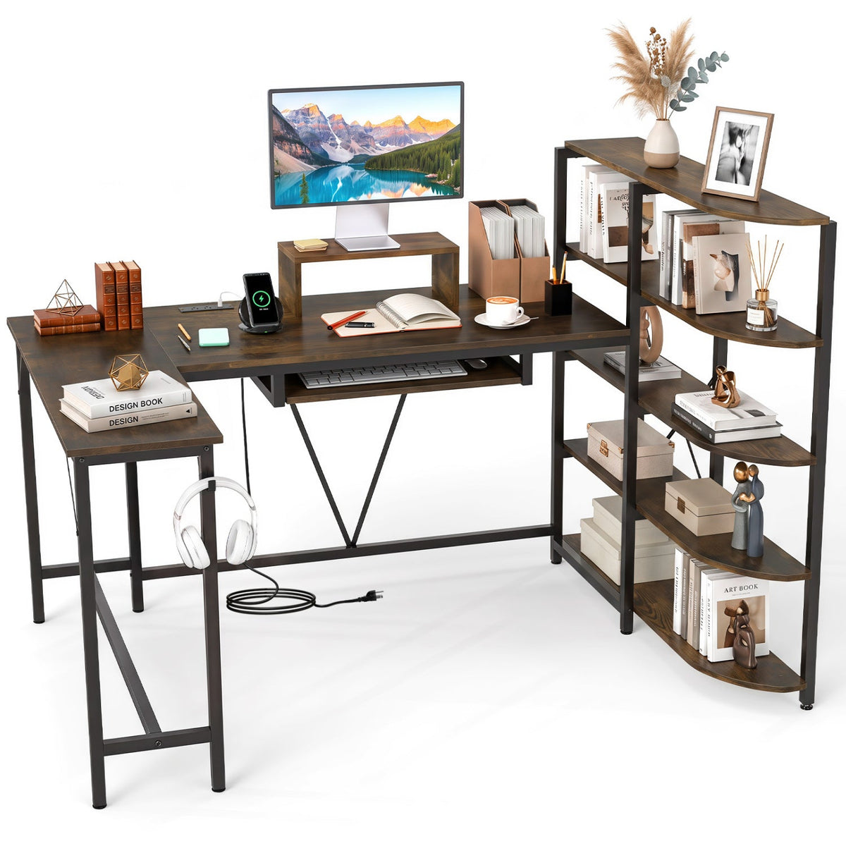 63" U-Shaped Computer Desk with Power Outlets & Bookshelf 4