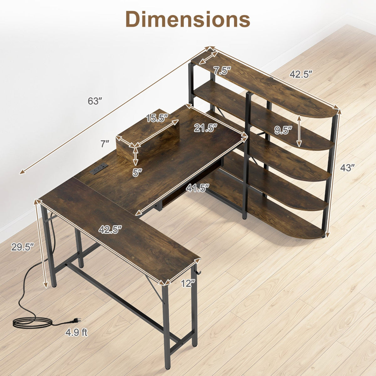 63" U-Shaped Computer Desk with Power Outlets & Bookshelf 5