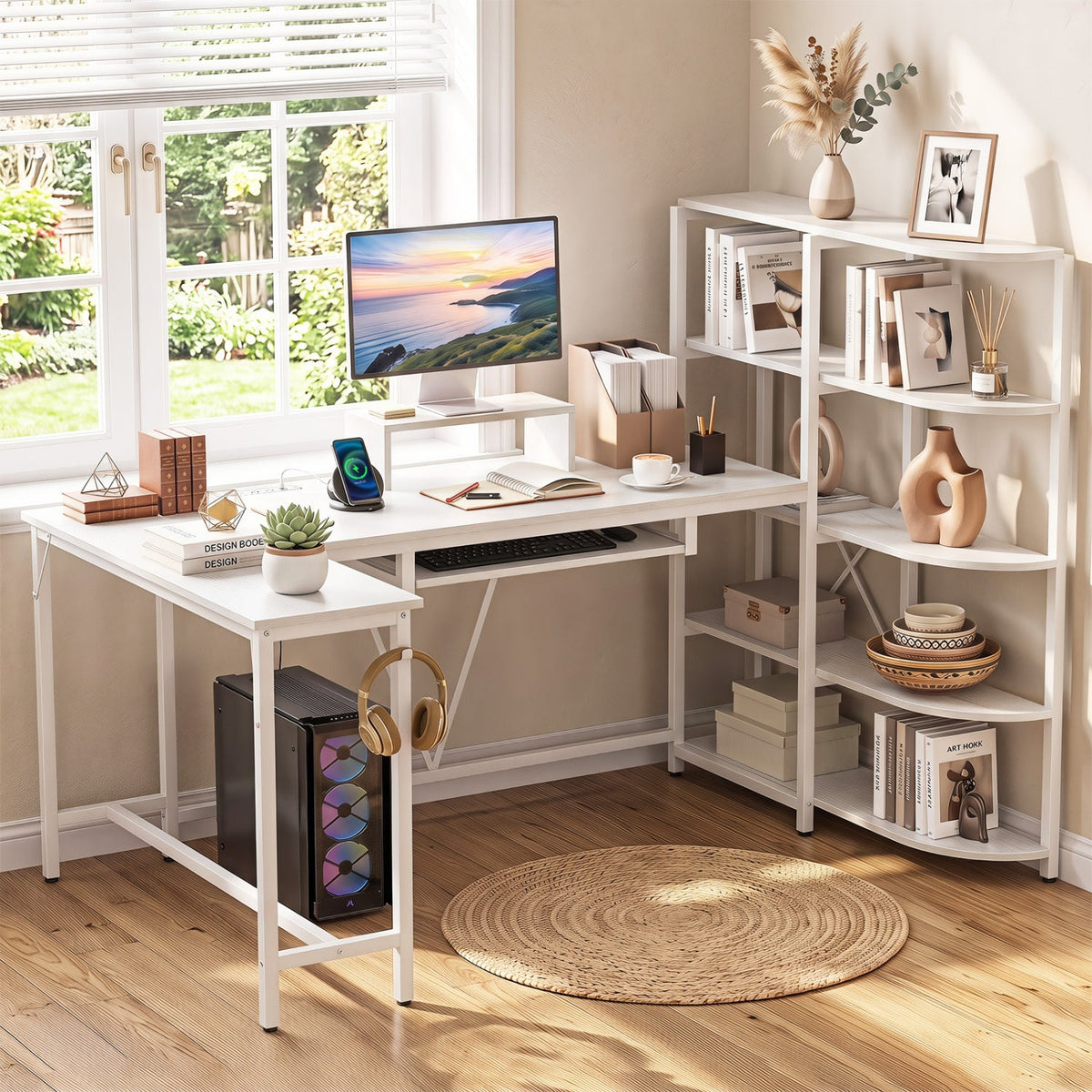 63" U-Shaped Computer Desk with Power Outlets & Bookshelf 9