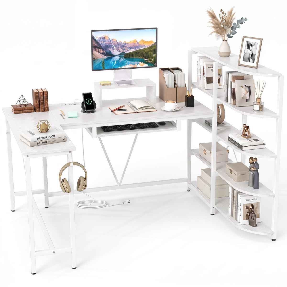 63" U-Shaped Computer Desk with Power Outlets & Bookshelf 12