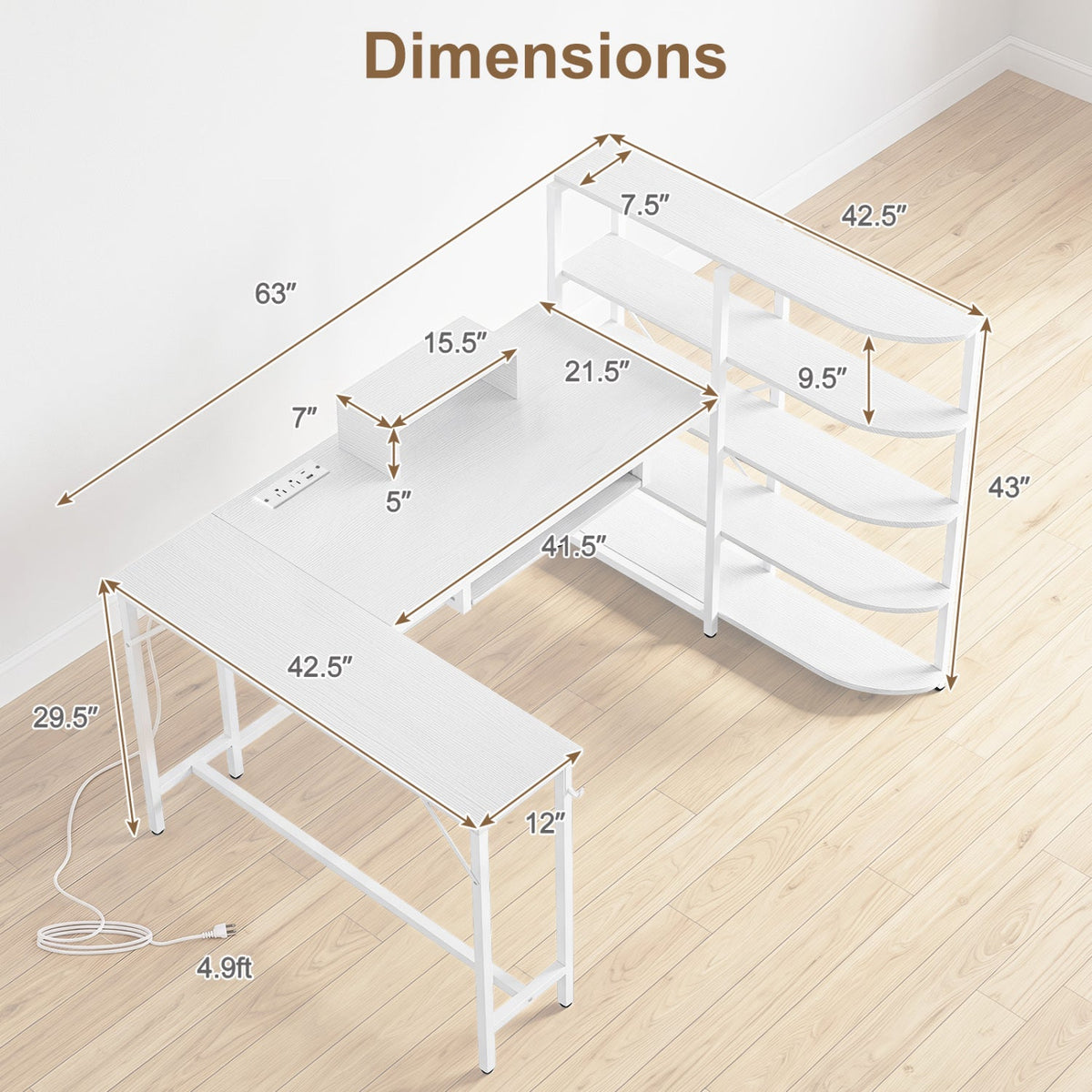 63" U-Shaped Computer Desk with Power Outlets & Bookshelf 13