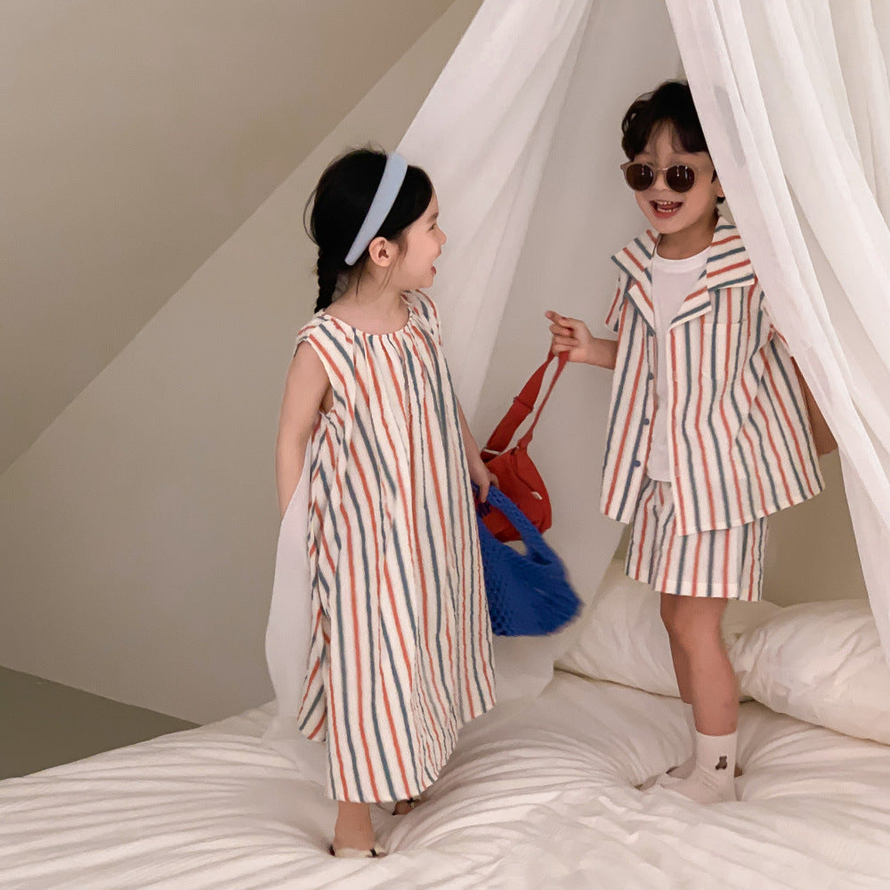 Striped Vest Dress And Short-sleeve Shorts Set 1