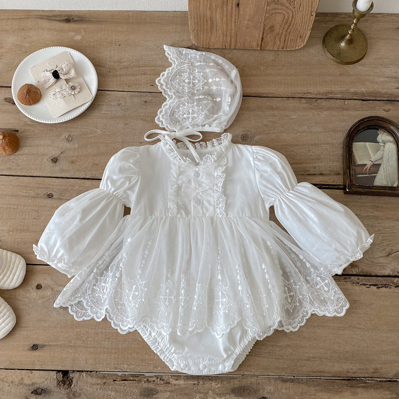 Infant And Toddler Lace Romper Onesie And Triangular-clinched Crawling Suit 2