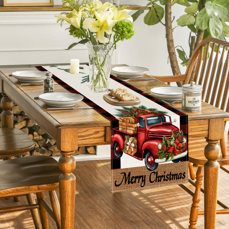 Red car printed table flag Christmas red black checkered linen living room decoration tablecloth 4