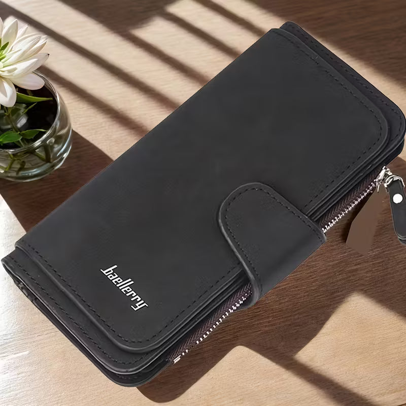 Vintage Faux Leather Long Wallet – Trifold Credit Card Holder with Snap & Zipper 2