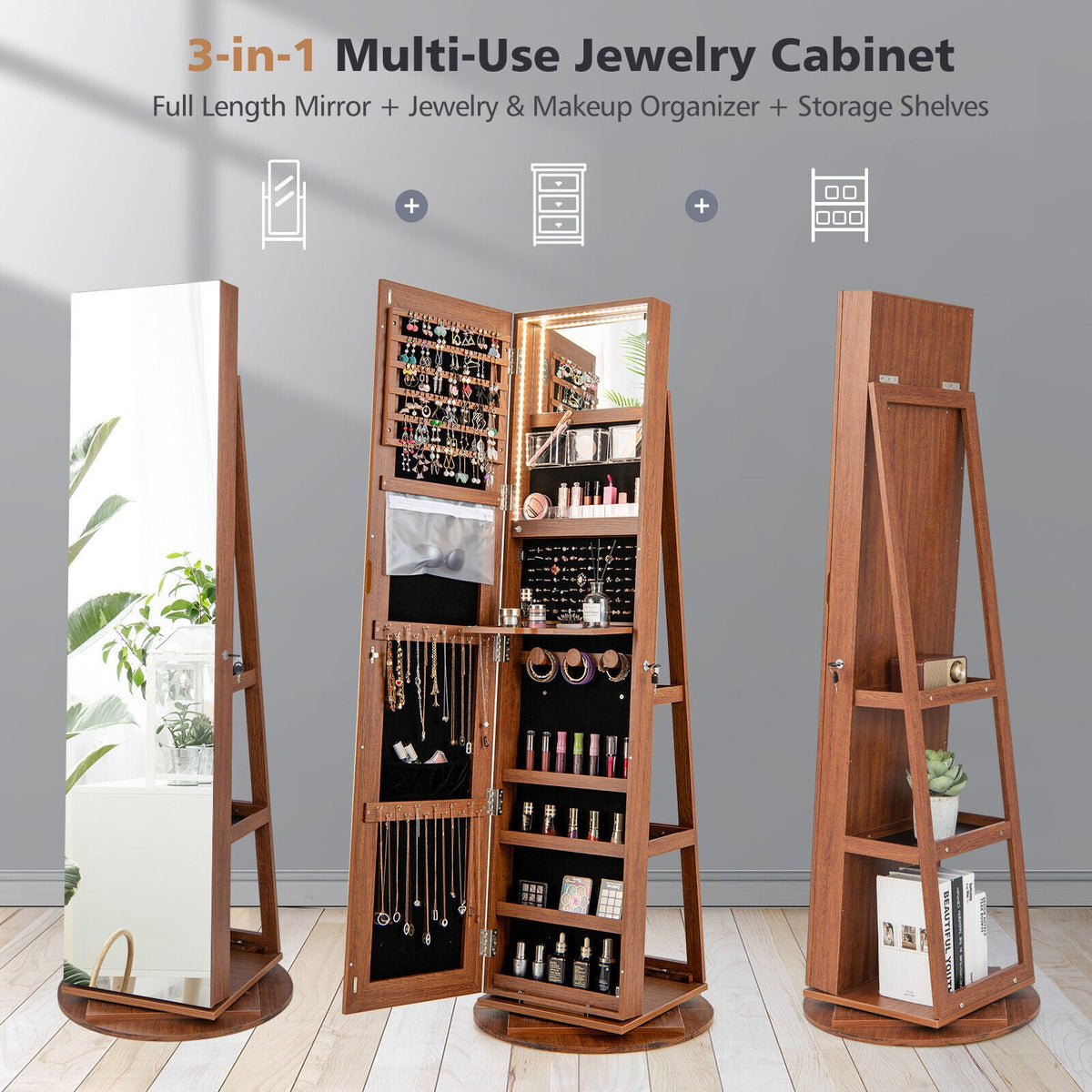 360° Rotating Mirrored Jewelry Cabinet Armoire 3 Color LED Modes Lockable 2