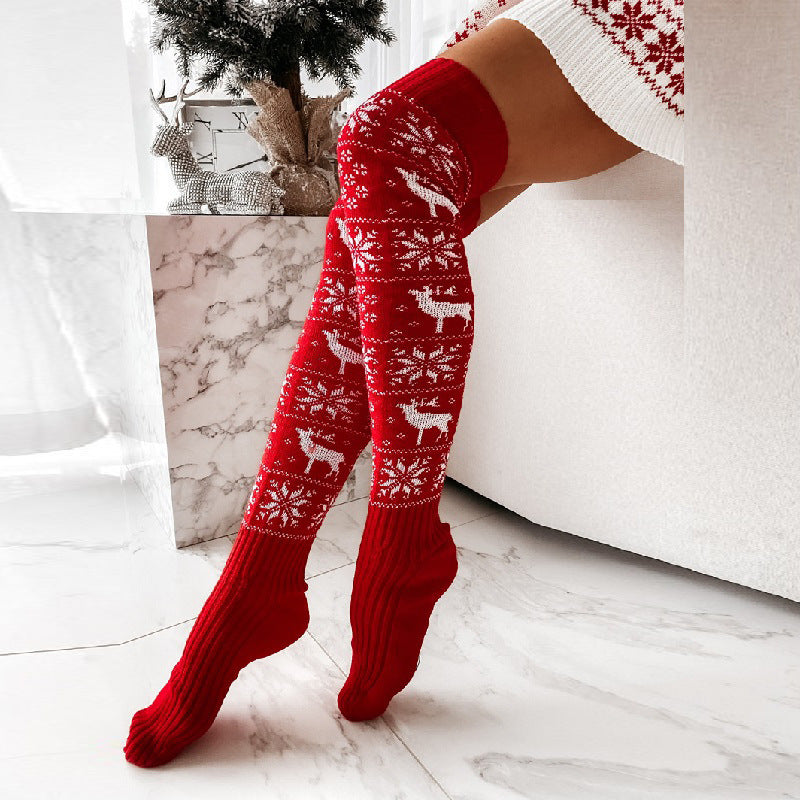 Christmas elk snowflake knitted woolen stockings for women long over knee pile socks stockings 2
