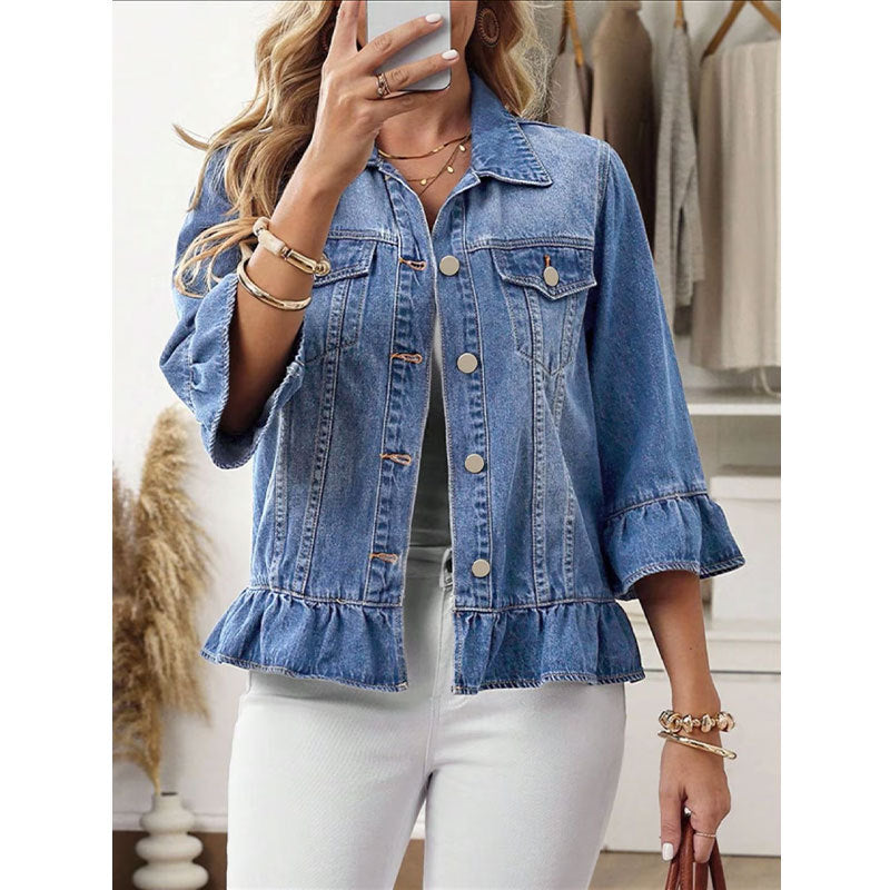 Exclusive Cross-border Supply Of Ruffled Denim Jacket For Women, Cropped Jean Jacket With Bell Sleeves, Sweet Style Outerwear 3