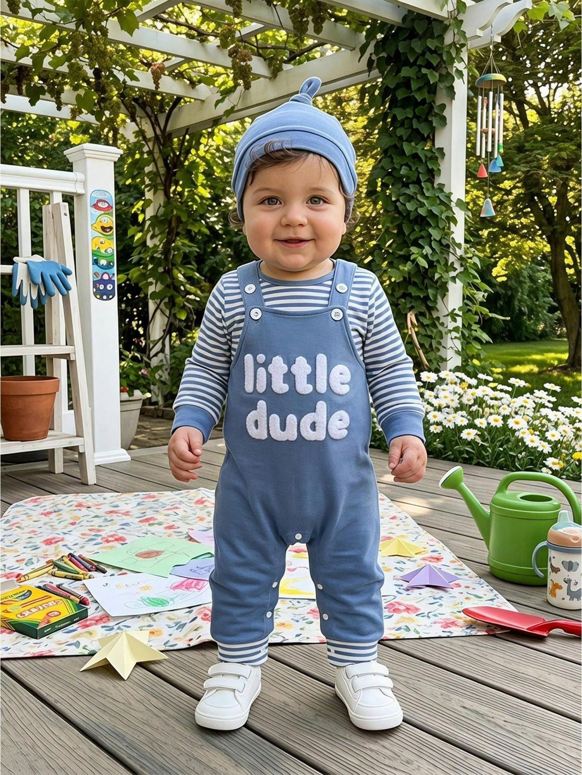 Baby And Toddler Striped Long-sleeve Romper Suspender Pants And Hat Set 2