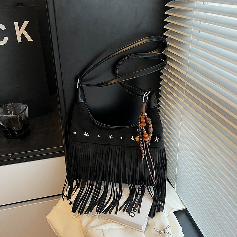 Suede Single-shoulder Crossbody Bag With Tassels 3