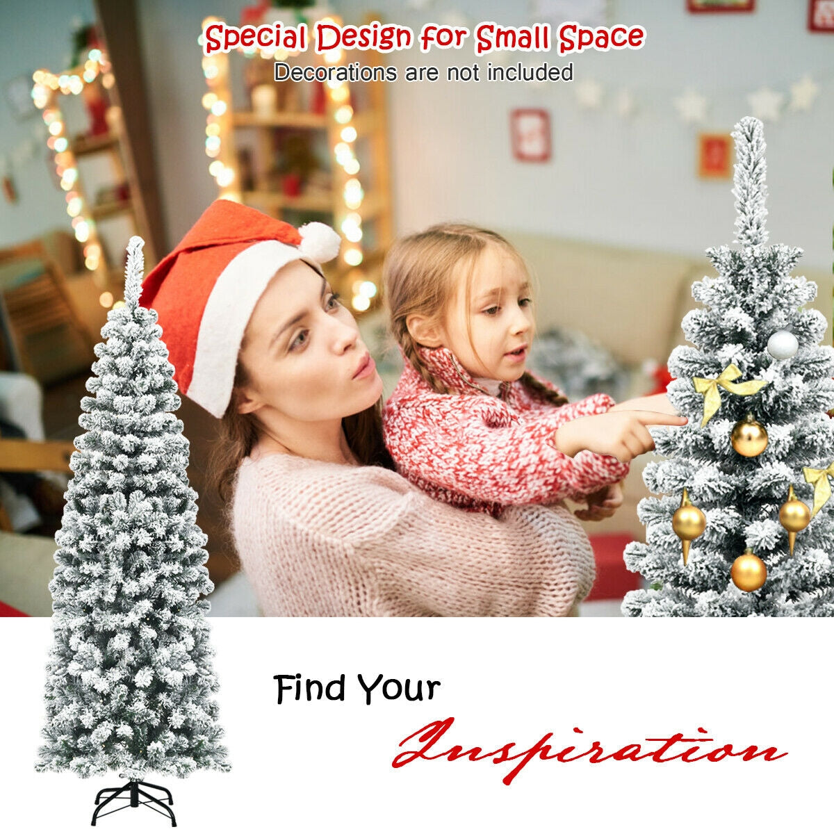 6 Feet Unlit Hinged Snow Flocked Artificial Pencil Christmas Tree with 500 Branch Tip 5