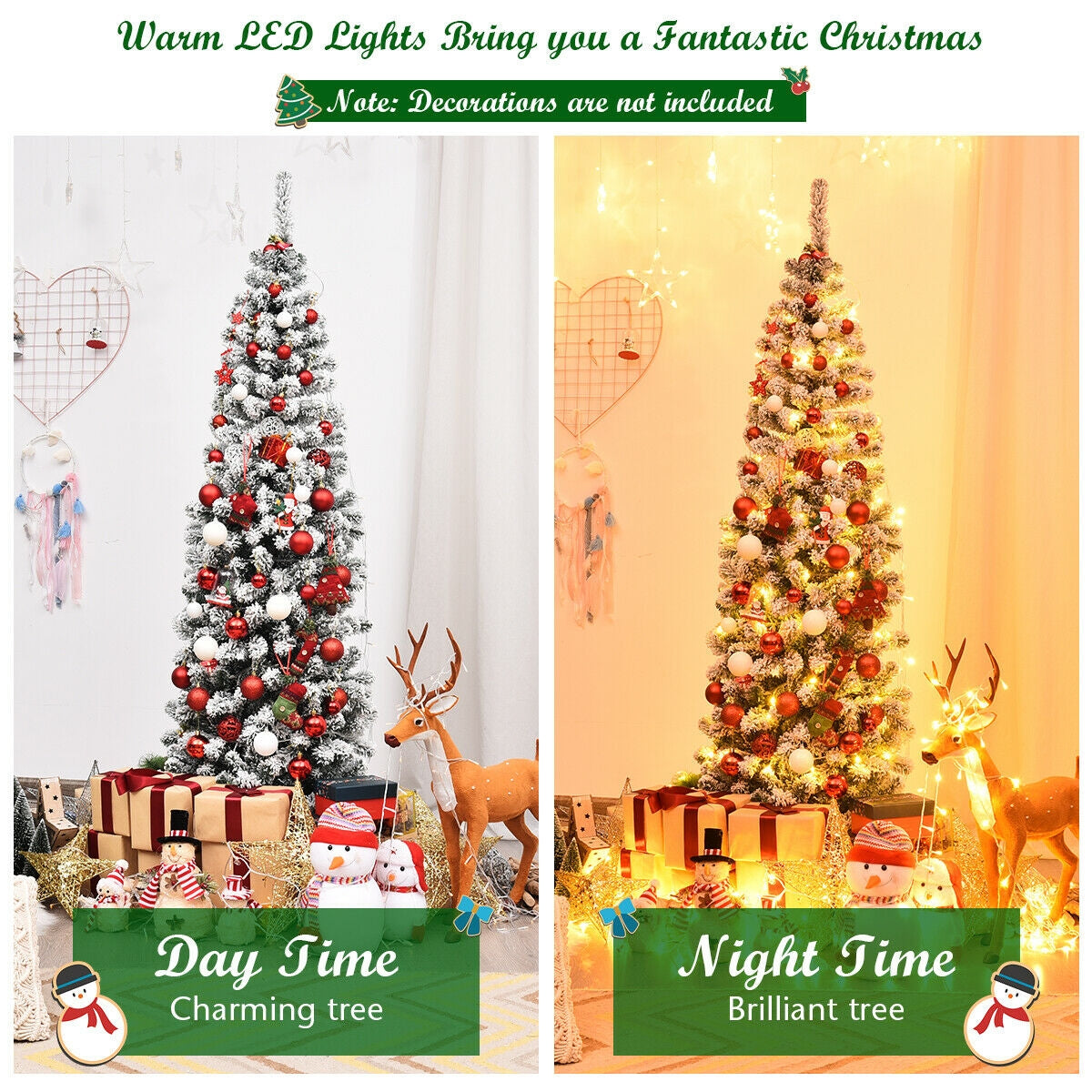 6 Feet Pre-lit Snow Flocked Artificial Pencil Christmas Tree with 250 LED Lights 6