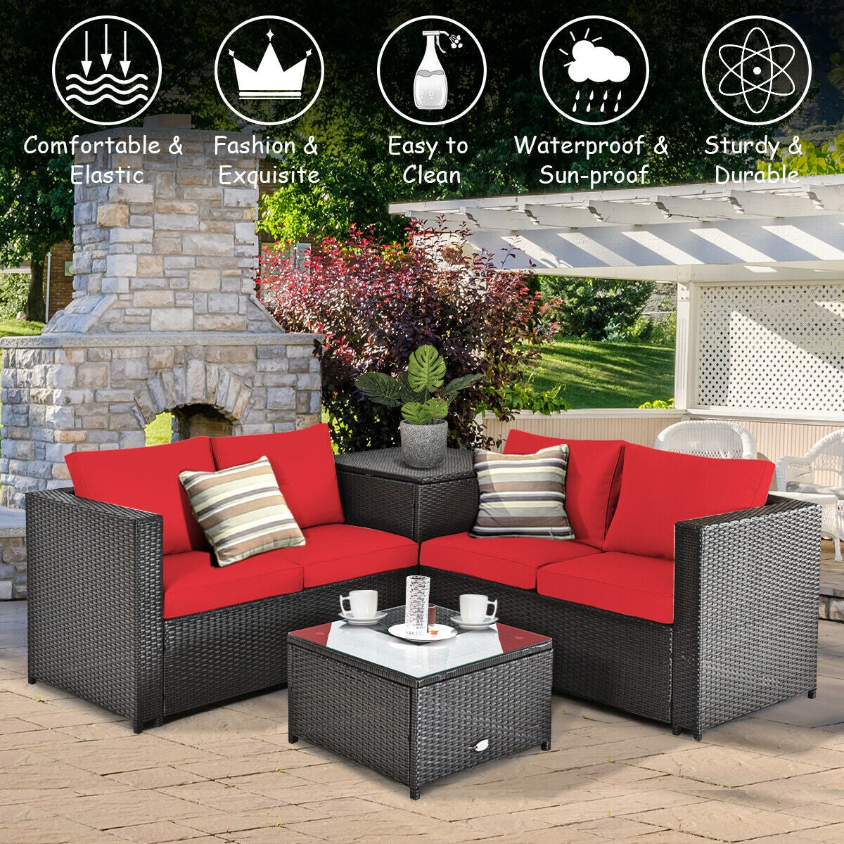 4 Pieces Outdoor Patio Rattan Furniture Set with 6