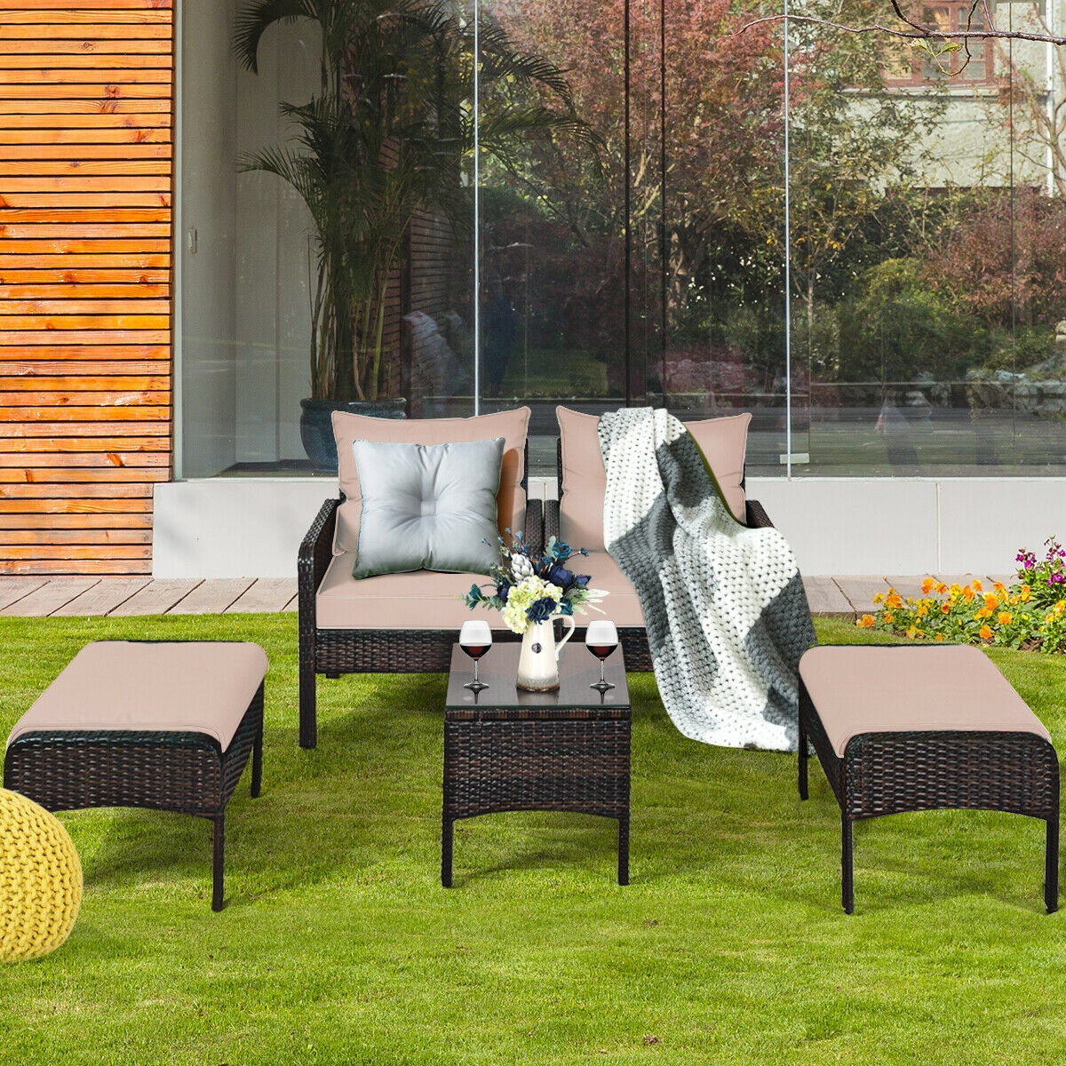 5 Pieces Patio Rattan Sofa Ottoman Furniture Set with Cushions-Black 7