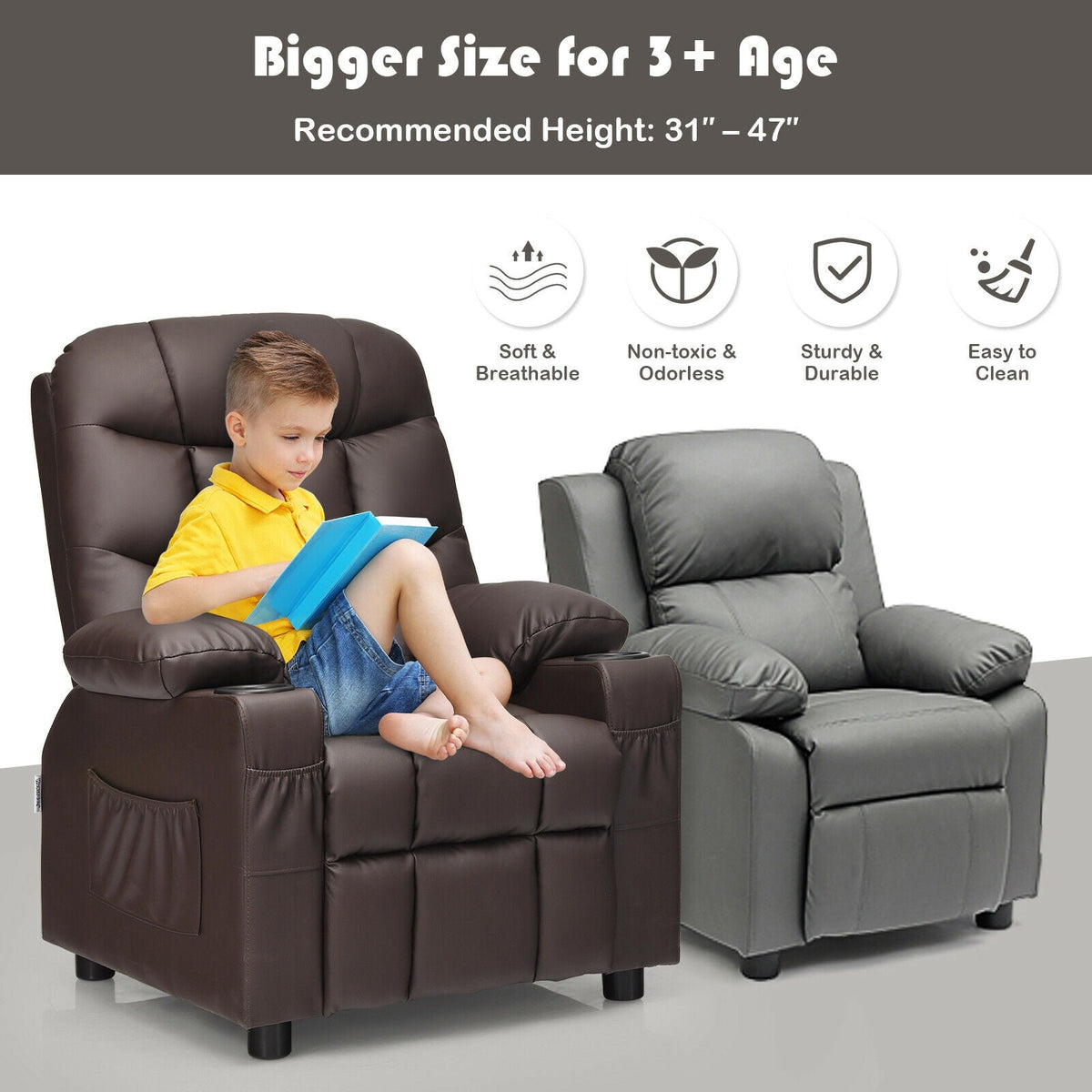Kids Recliner Chair with Cup Holder and Footrest for Children 9