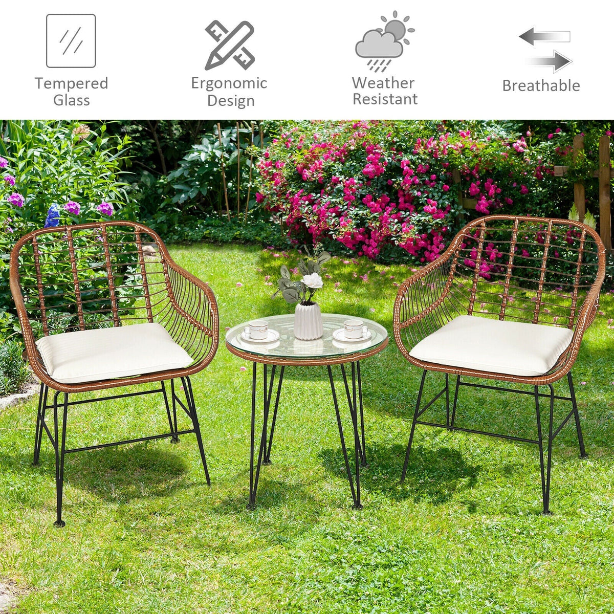 3-Piece Rattan Bistro Set with Cushions and Glass Table 6