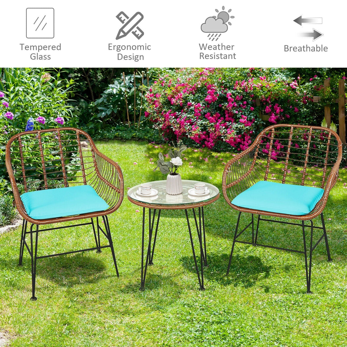 3-Piece Rattan Bistro Set with Cushions and Glass Table 10