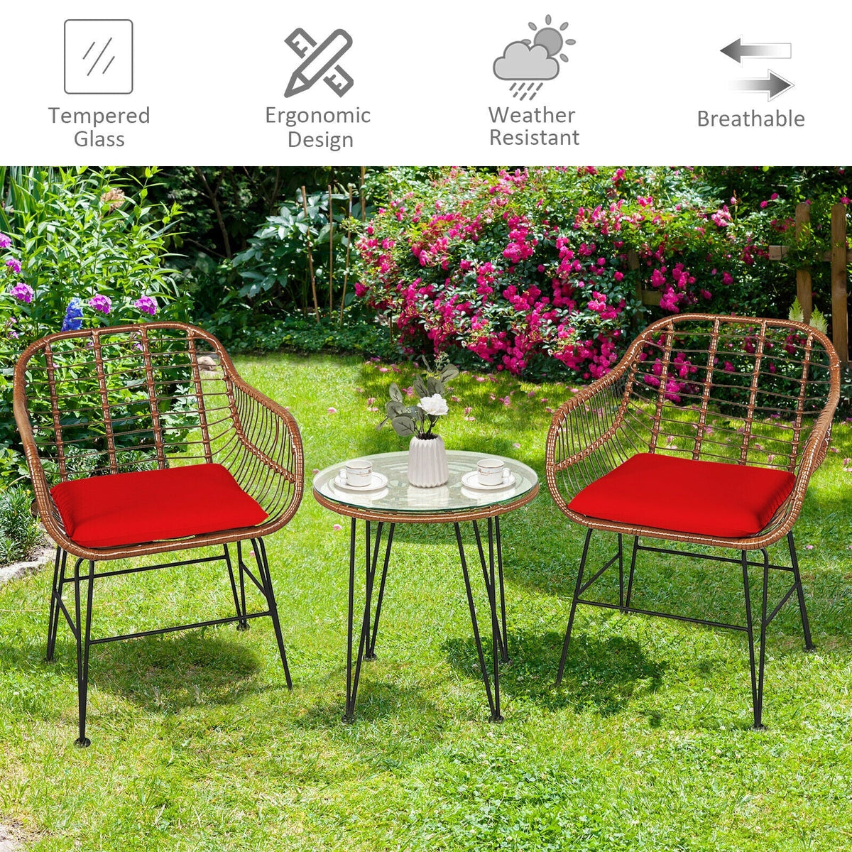 3-Piece Rattan Bistro Set with Cushions and Glass Table 18