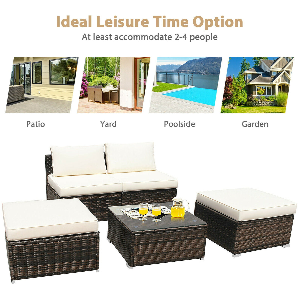 5 Pieces Patio Rattan Furniture Set with Cushioned Armless Sofa 18