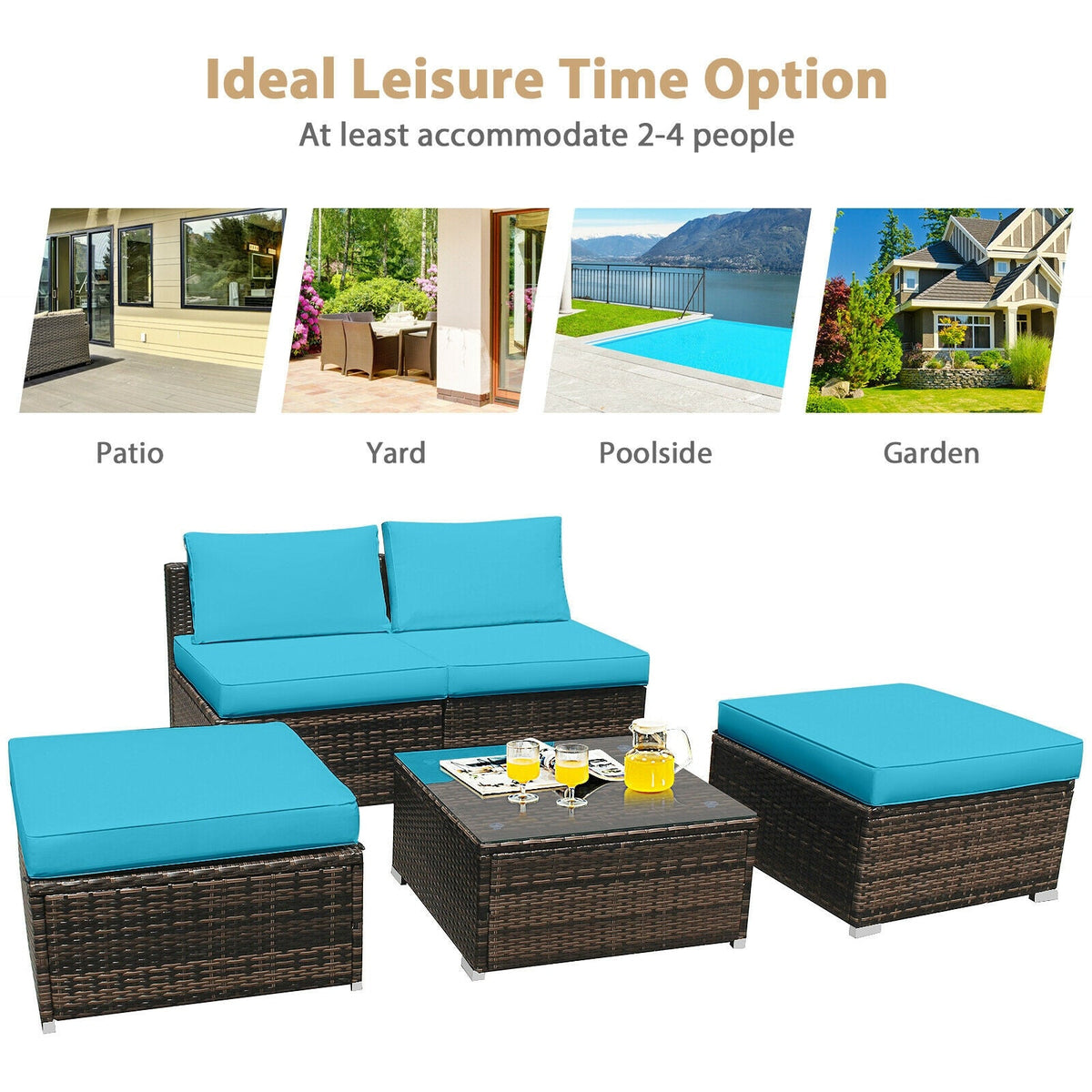 5 Pieces Patio Rattan Furniture Set with Cushioned Armless Sofa 23