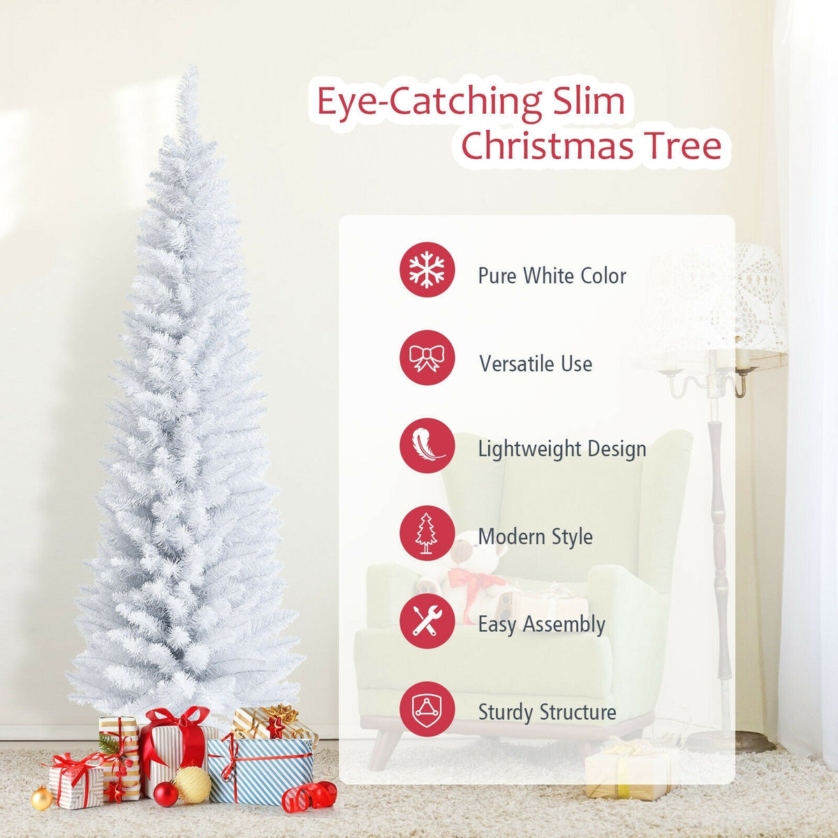 6 Feet Unlit Artificial Slim Pencil Christmas Tree with Metal Stand 5