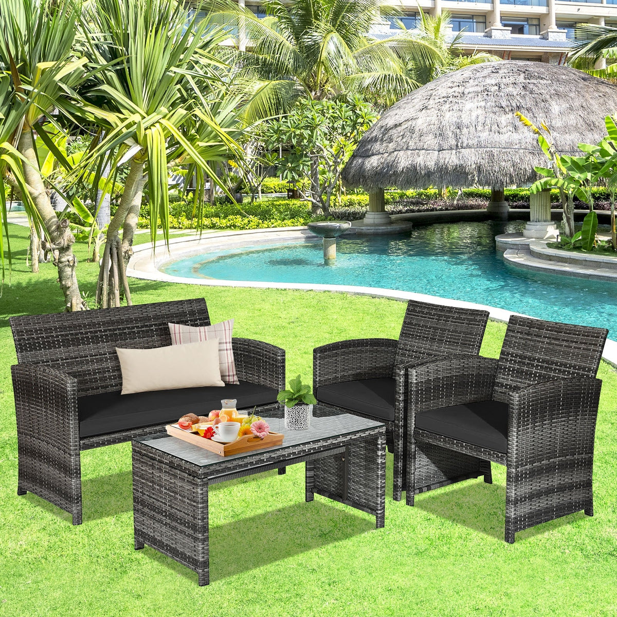 4 Pieces Patio Rattan Furniture Set with Glass Table and Loveseat-Gray 6