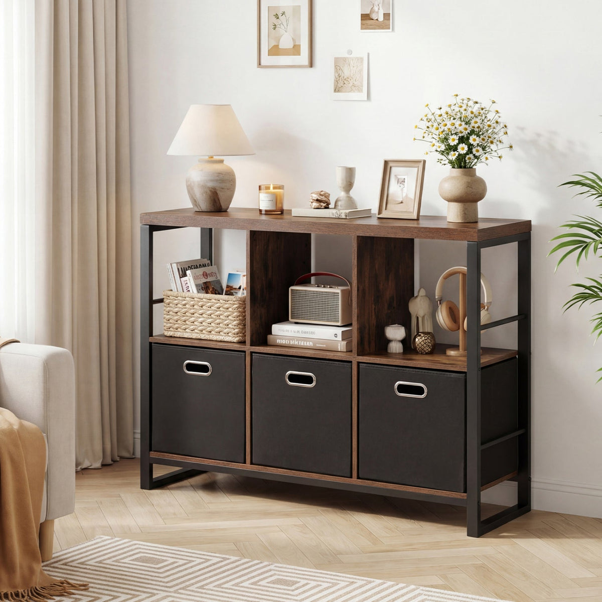 6-Cube Industrial Bookshelf with Storage Bins & Metal Frame 1
