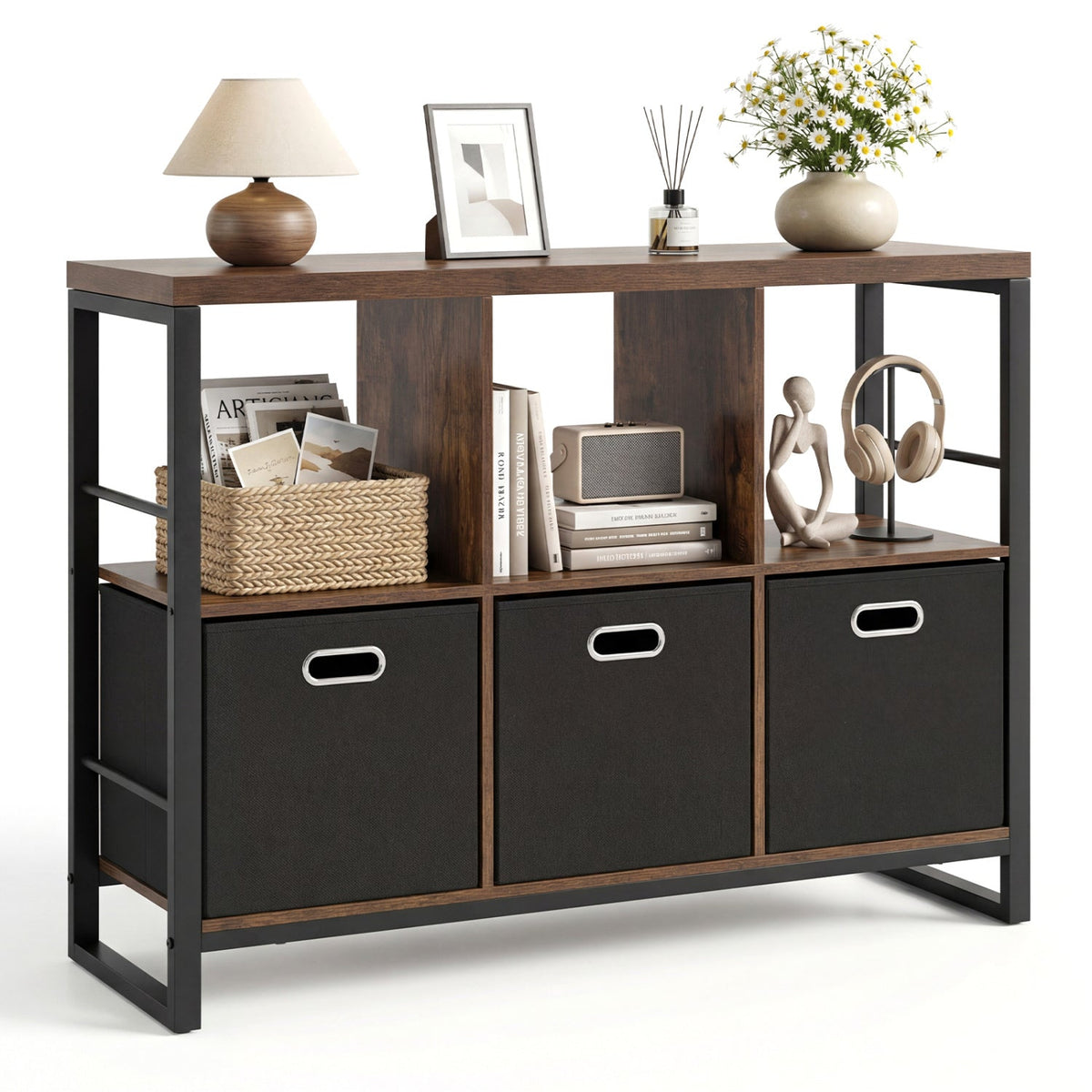 6-Cube Industrial Bookshelf with Storage Bins & Metal Frame 4