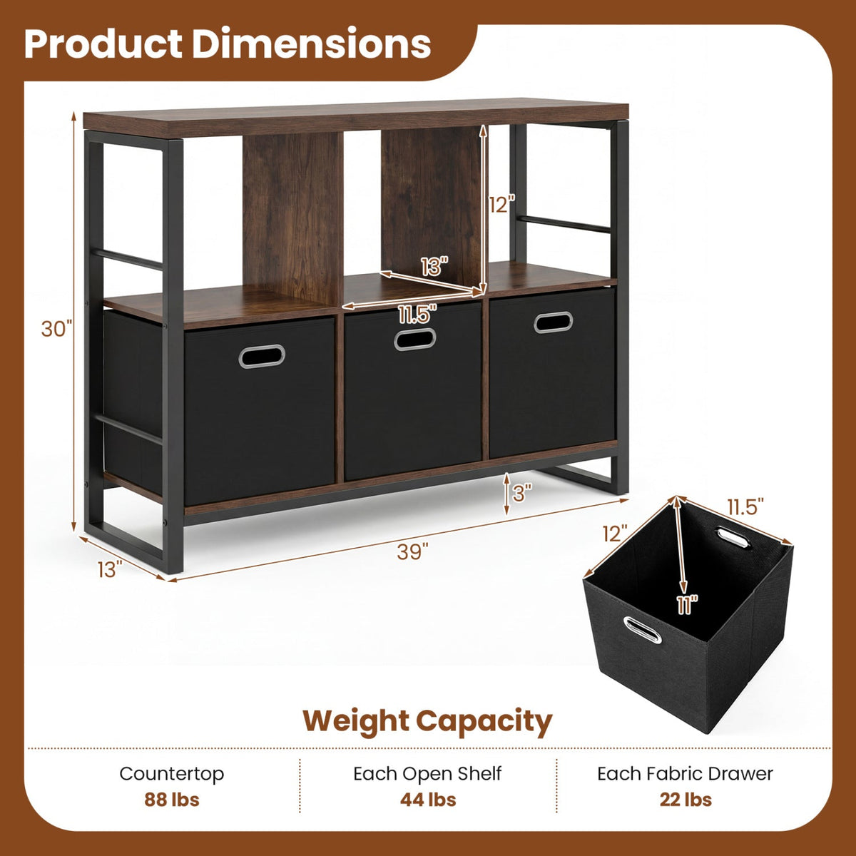 6-Cube Industrial Bookshelf with Storage Bins & Metal Frame 5