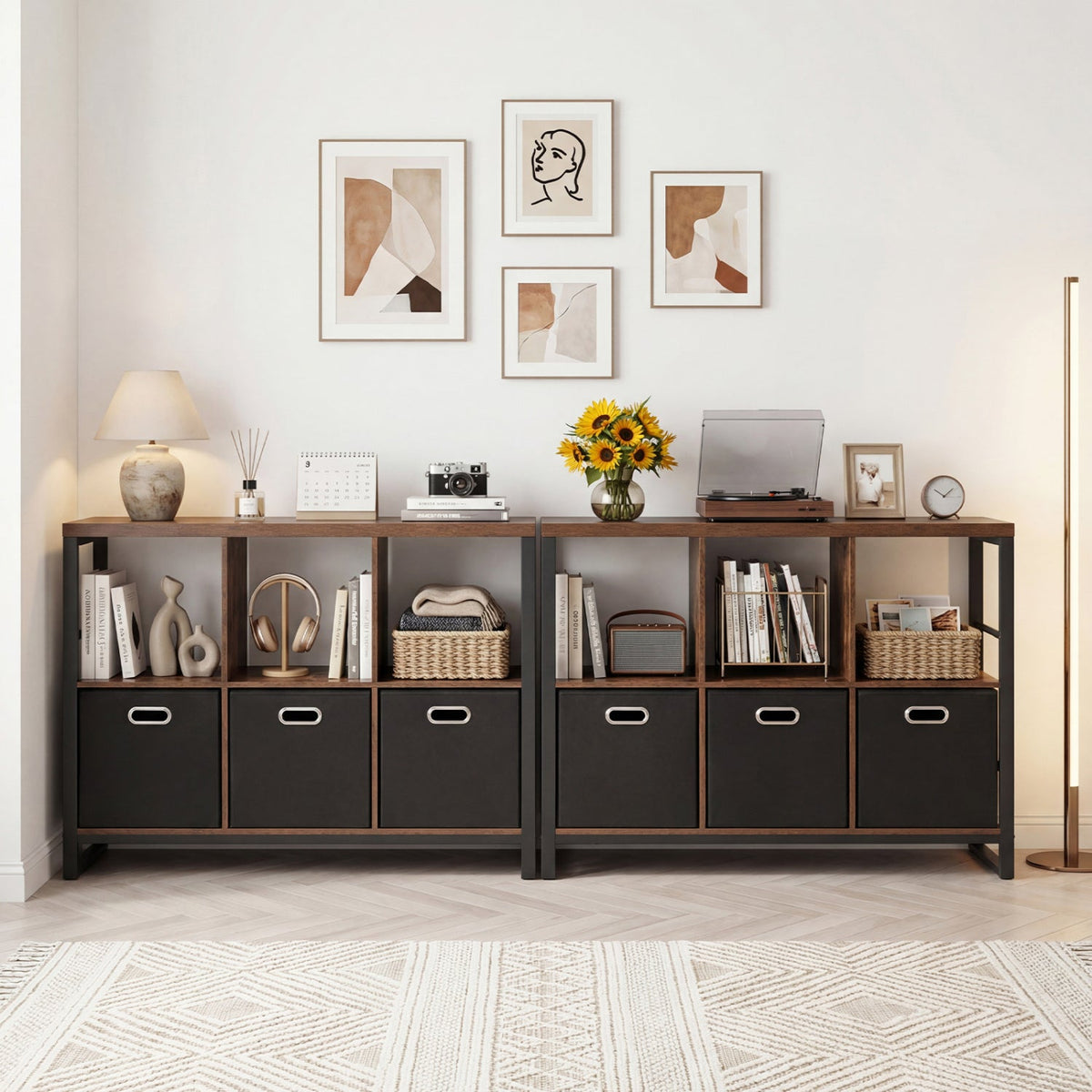 6-Cube Industrial Bookshelf with Storage Bins & Metal Frame 6