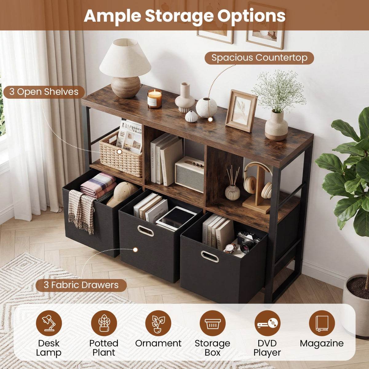 6-Cube Industrial Bookshelf with Storage Bins & Metal Frame 7